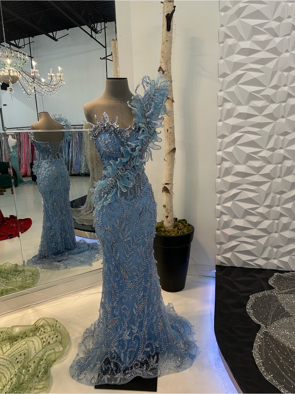 Light Blue Embellished One-Shoulder prom dress